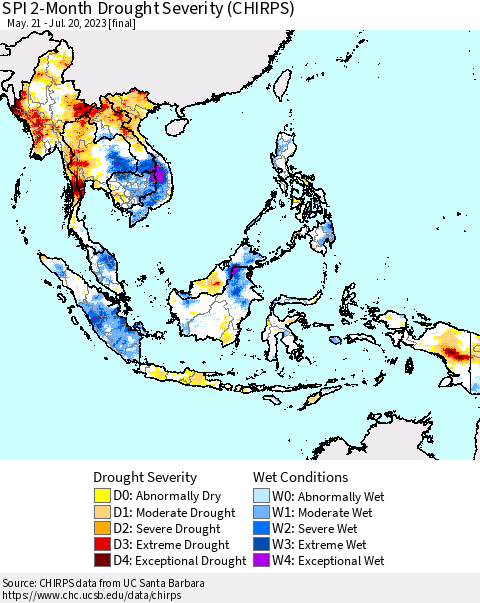 South East Asia SPI 2-Month Drought Severity (CHIRPS) Thematic Map For 5/21/2023 - 7/20/2023