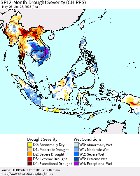 South East Asia SPI 2-Month Drought Severity (CHIRPS) Thematic Map For 5/26/2023 - 7/25/2023