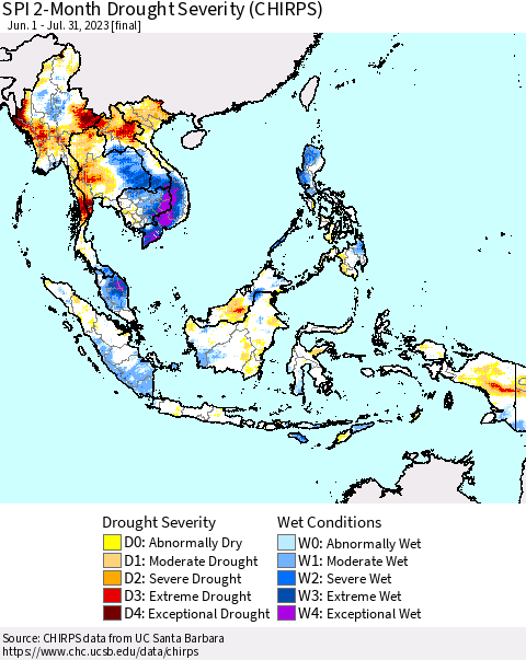 South East Asia SPI 2-Month Drought Severity (CHIRPS) Thematic Map For 6/1/2023 - 7/31/2023