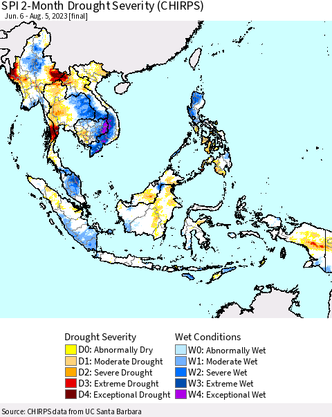 South East Asia SPI 2-Month Drought Severity (CHIRPS) Thematic Map For 6/6/2023 - 8/5/2023