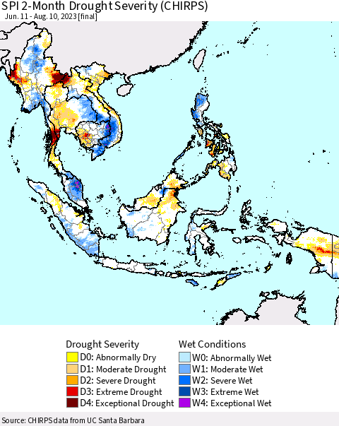 South East Asia SPI 2-Month Drought Severity (CHIRPS) Thematic Map For 6/11/2023 - 8/10/2023