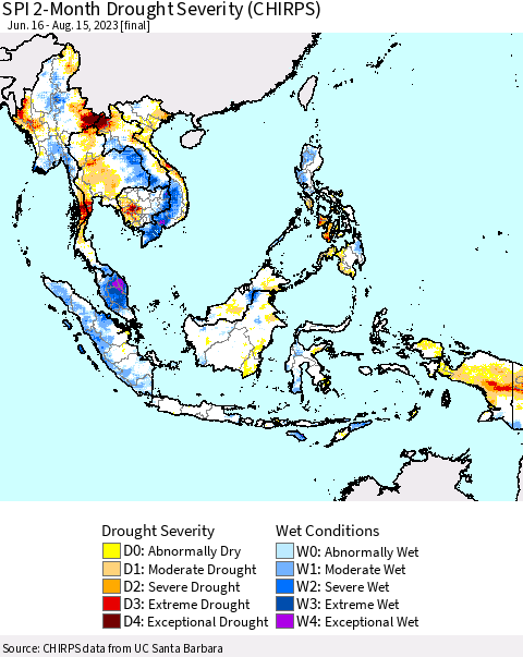South East Asia SPI 2-Month Drought Severity (CHIRPS) Thematic Map For 6/16/2023 - 8/15/2023