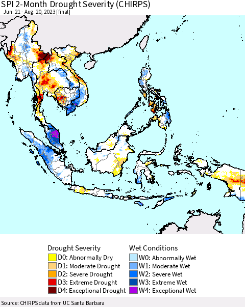 South East Asia SPI 2-Month Drought Severity (CHIRPS) Thematic Map For 6/21/2023 - 8/20/2023