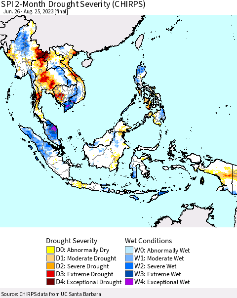 South East Asia SPI 2-Month Drought Severity (CHIRPS) Thematic Map For 6/26/2023 - 8/25/2023