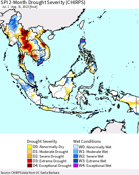 South East Asia SPI 2-Month Drought Severity (CHIRPS) Thematic Map For 7/1/2023 - 8/31/2023