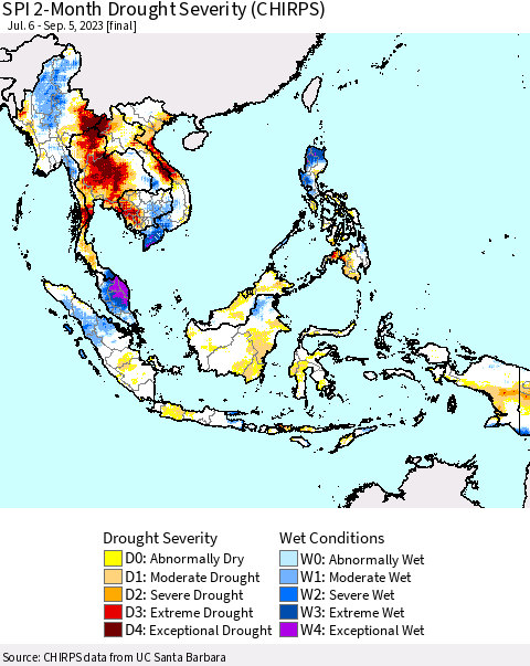 South East Asia SPI 2-Month Drought Severity (CHIRPS) Thematic Map For 7/6/2023 - 9/5/2023