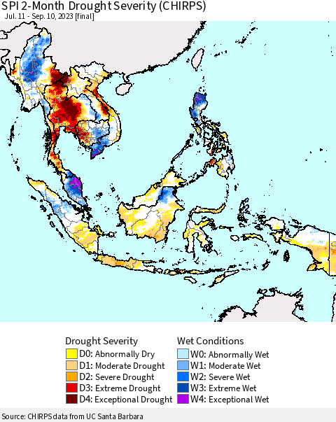 South East Asia SPI 2-Month Drought Severity (CHIRPS) Thematic Map For 7/11/2023 - 9/10/2023