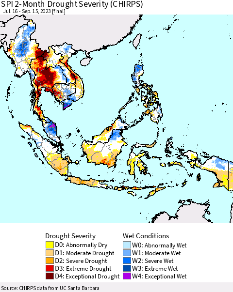 South East Asia SPI 2-Month Drought Severity (CHIRPS) Thematic Map For 7/16/2023 - 9/15/2023