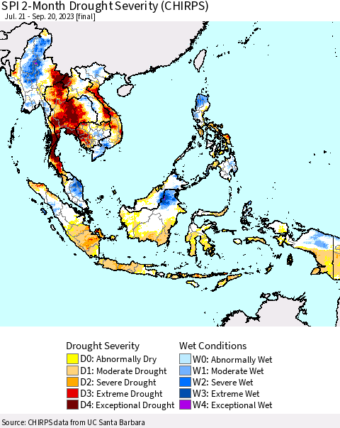 South East Asia SPI 2-Month Drought Severity (CHIRPS) Thematic Map For 7/21/2023 - 9/20/2023