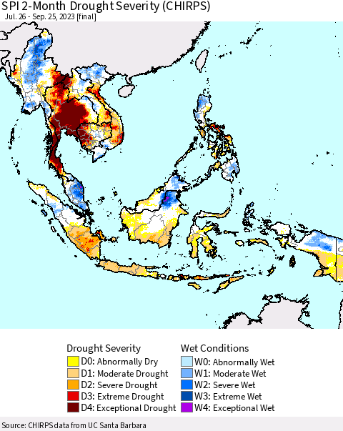 South East Asia SPI 2-Month Drought Severity (CHIRPS) Thematic Map For 7/26/2023 - 9/25/2023