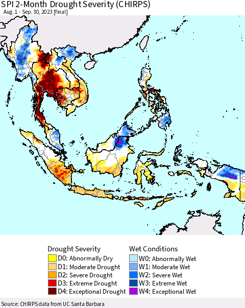 South East Asia SPI 2-Month Drought Severity (CHIRPS) Thematic Map For 8/1/2023 - 9/30/2023