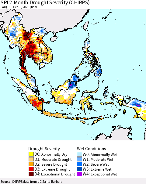 South East Asia SPI 2-Month Drought Severity (CHIRPS) Thematic Map For 8/6/2023 - 10/5/2023