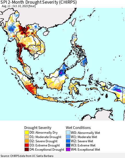 South East Asia SPI 2-Month Drought Severity (CHIRPS) Thematic Map For 8/11/2023 - 10/10/2023