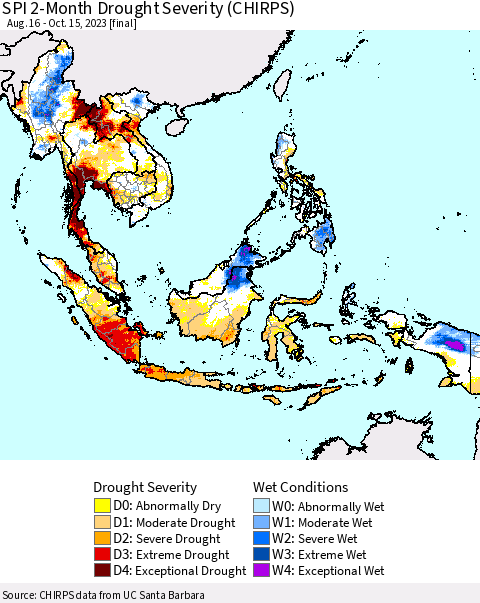 South East Asia SPI 2-Month Drought Severity (CHIRPS) Thematic Map For 8/16/2023 - 10/15/2023