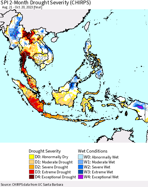 South East Asia SPI 2-Month Drought Severity (CHIRPS) Thematic Map For 8/21/2023 - 10/20/2023