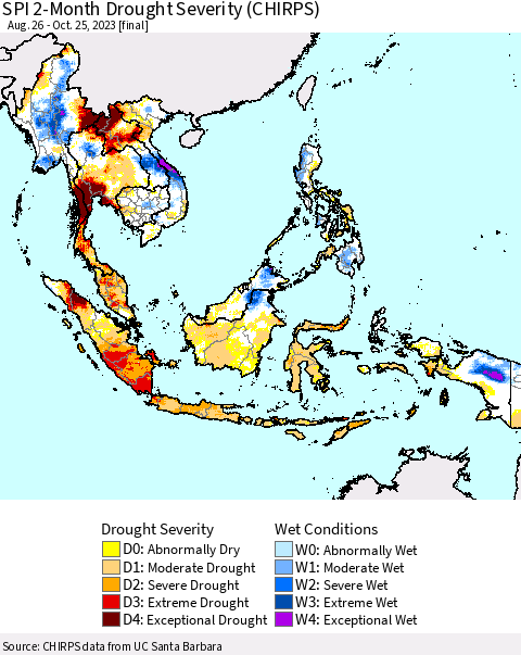 South East Asia SPI 2-Month Drought Severity (CHIRPS) Thematic Map For 8/26/2023 - 10/25/2023