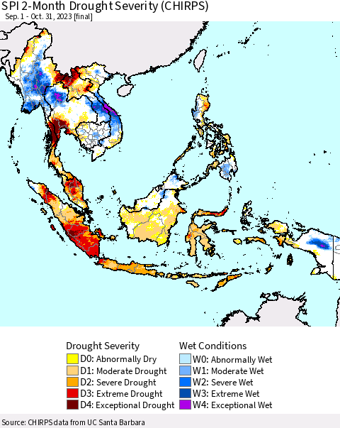 South East Asia SPI 2-Month Drought Severity (CHIRPS) Thematic Map For 9/1/2023 - 10/31/2023