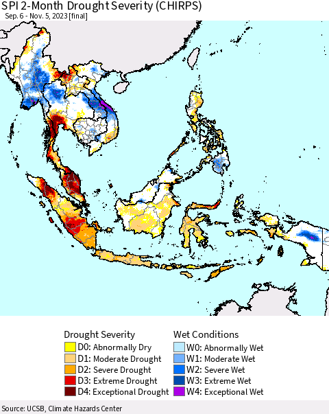 South East Asia SPI 2-Month Drought Severity (CHIRPS) Thematic Map For 9/6/2023 - 11/5/2023