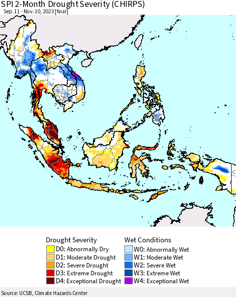 South East Asia SPI 2-Month Drought Severity (CHIRPS) Thematic Map For 9/11/2023 - 11/10/2023