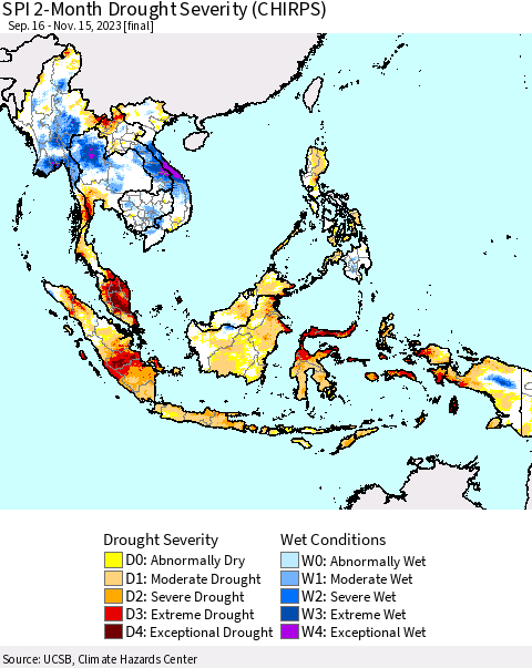 South East Asia SPI 2-Month Drought Severity (CHIRPS) Thematic Map For 9/16/2023 - 11/15/2023