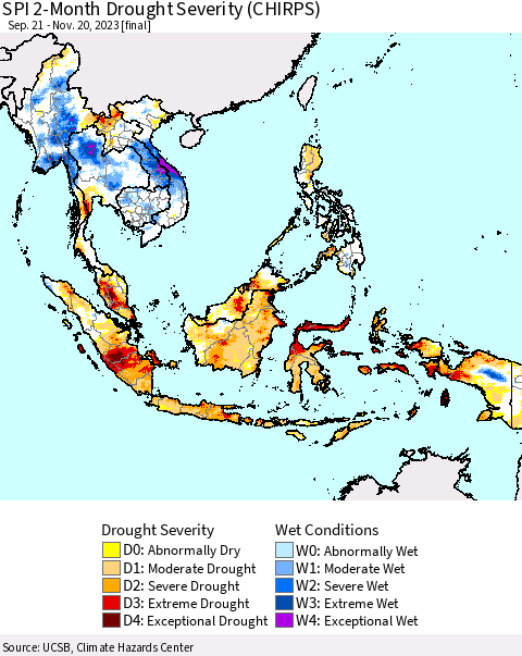 South East Asia SPI 2-Month Drought Severity (CHIRPS) Thematic Map For 9/21/2023 - 11/20/2023