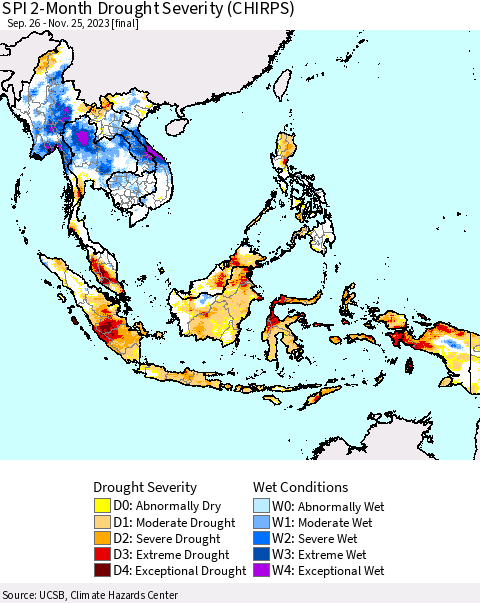 South East Asia SPI 2-Month Drought Severity (CHIRPS) Thematic Map For 9/26/2023 - 11/25/2023