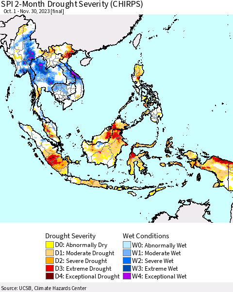 South East Asia SPI 2-Month Drought Severity (CHIRPS) Thematic Map For 10/1/2023 - 11/30/2023