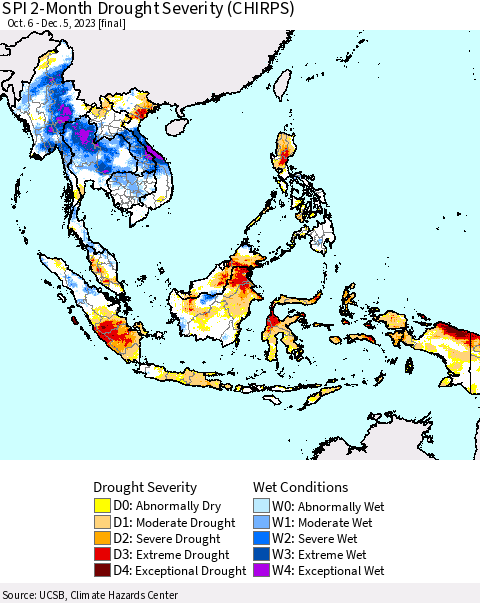 South East Asia SPI 2-Month Drought Severity (CHIRPS) Thematic Map For 10/6/2023 - 12/5/2023