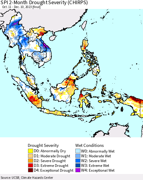 South East Asia SPI 2-Month Drought Severity (CHIRPS) Thematic Map For 10/11/2023 - 12/10/2023