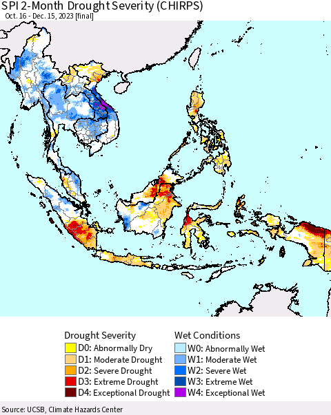 South East Asia SPI 2-Month Drought Severity (CHIRPS) Thematic Map For 10/16/2023 - 12/15/2023