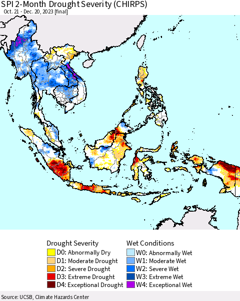 South East Asia SPI 2-Month Drought Severity (CHIRPS) Thematic Map For 10/21/2023 - 12/20/2023