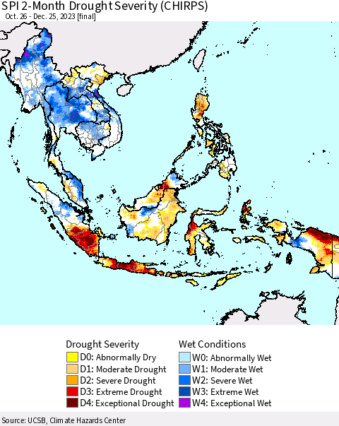 South East Asia SPI 2-Month Drought Severity (CHIRPS) Thematic Map For 10/26/2023 - 12/25/2023