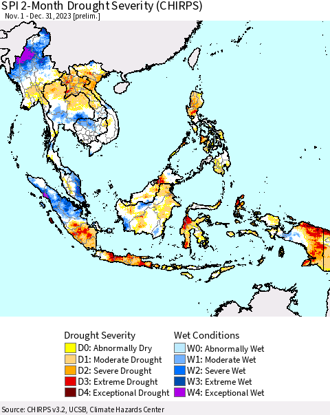South East Asia SPI 2-Month Drought Severity (CHIRPS) Thematic Map For 11/1/2023 - 12/31/2023