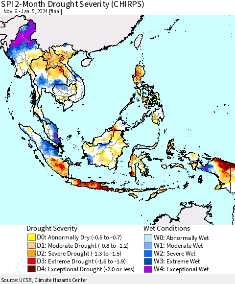 South East Asia SPI 2-Month Drought Severity (CHIRPS) Thematic Map For 11/6/2023 - 1/5/2024