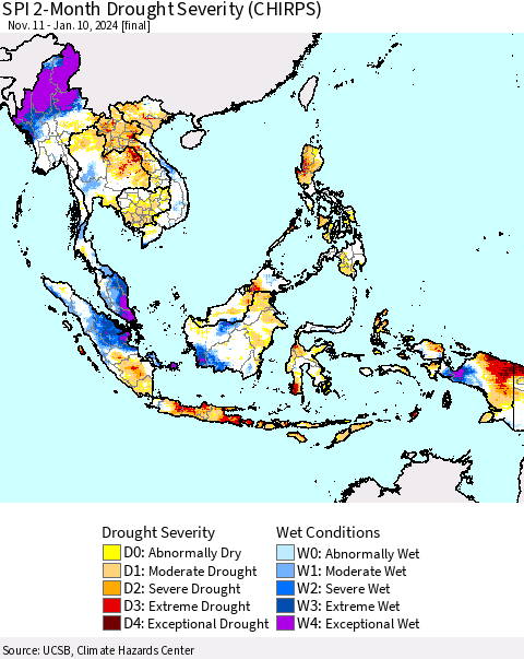 South East Asia SPI 2-Month Drought Severity (CHIRPS) Thematic Map For 11/11/2023 - 1/10/2024