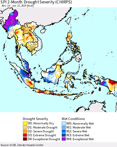South East Asia SPI 2-Month Drought Severity (CHIRPS) Thematic Map For 11/16/2023 - 1/15/2024