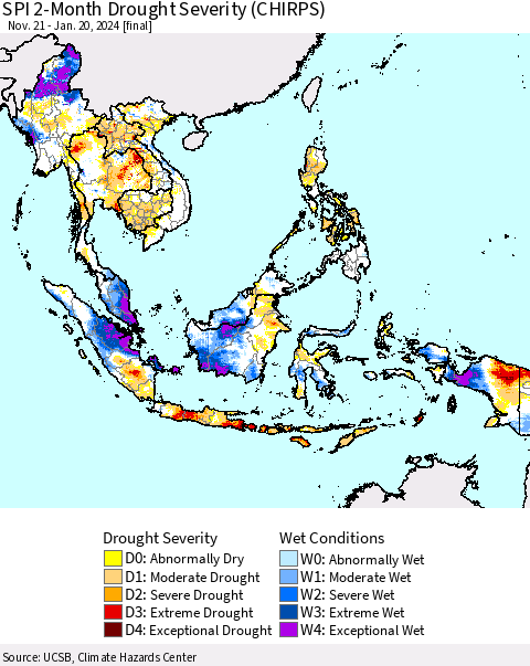 South East Asia SPI 2-Month Drought Severity (CHIRPS) Thematic Map For 11/21/2023 - 1/20/2024