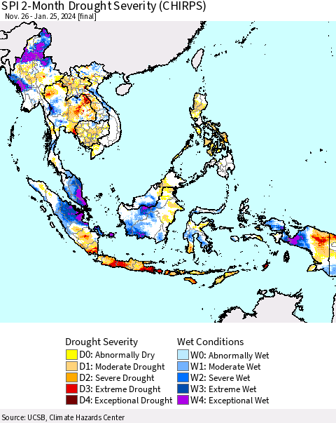 South East Asia SPI 2-Month Drought Severity (CHIRPS) Thematic Map For 11/26/2023 - 1/25/2024