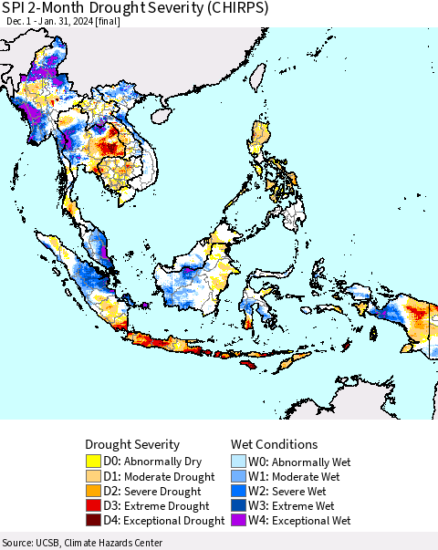 South East Asia SPI 2-Month Drought Severity (CHIRPS) Thematic Map For 12/1/2023 - 1/31/2024