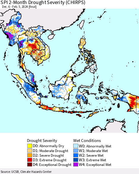 South East Asia SPI 2-Month Drought Severity (CHIRPS) Thematic Map For 12/6/2023 - 2/5/2024