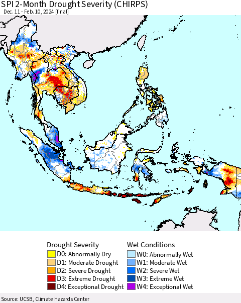 South East Asia SPI 2-Month Drought Severity (CHIRPS) Thematic Map For 12/11/2023 - 2/10/2024