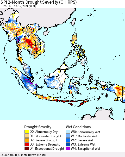South East Asia SPI 2-Month Drought Severity (CHIRPS) Thematic Map For 12/16/2023 - 2/15/2024