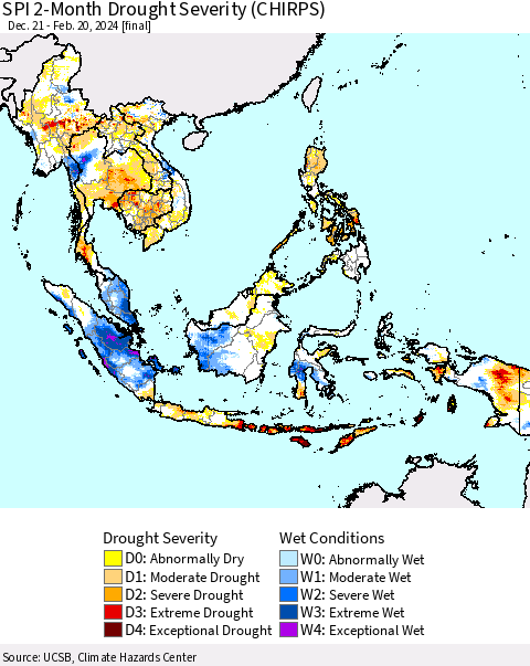 South East Asia SPI 2-Month Drought Severity (CHIRPS) Thematic Map For 12/21/2023 - 2/20/2024