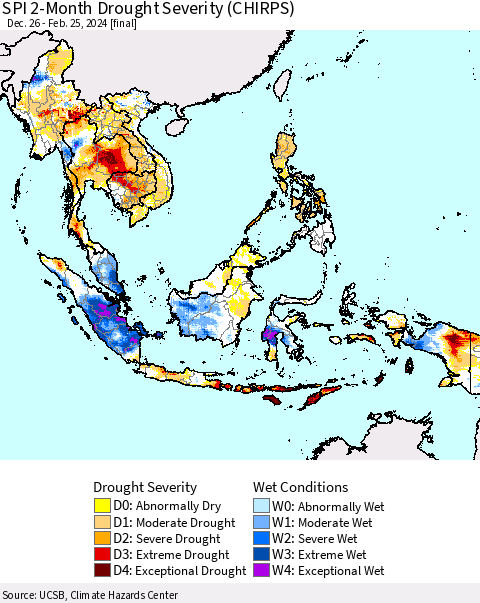 South East Asia SPI 2-Month Drought Severity (CHIRPS) Thematic Map For 12/26/2023 - 2/25/2024