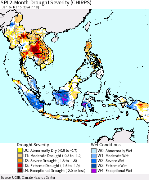 South East Asia SPI 2-Month Drought Severity (CHIRPS) Thematic Map For 1/6/2024 - 3/5/2024