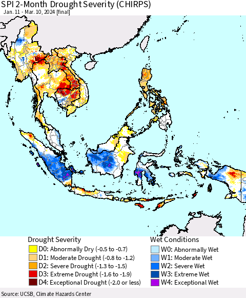 South East Asia SPI 2-Month Drought Severity (CHIRPS) Thematic Map For 1/11/2024 - 3/10/2024