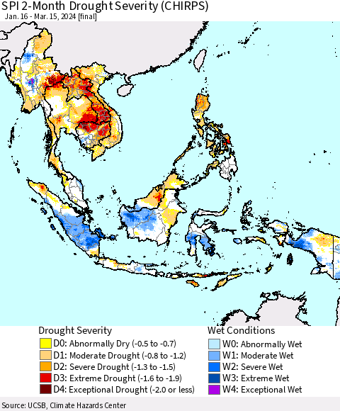 South East Asia SPI 2-Month Drought Severity (CHIRPS) Thematic Map For 1/16/2024 - 3/15/2024