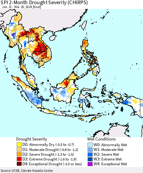 South East Asia SPI 2-Month Drought Severity (CHIRPS) Thematic Map For 1/21/2024 - 3/20/2024
