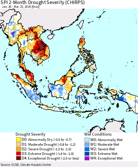 South East Asia SPI 2-Month Drought Severity (CHIRPS) Thematic Map For 1/26/2024 - 3/25/2024