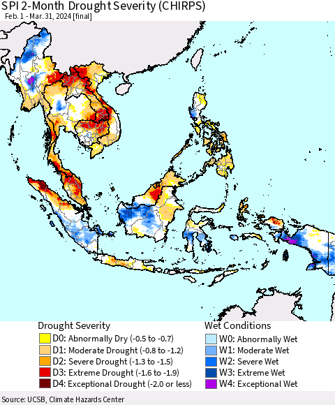 South East Asia SPI 2-Month Drought Severity (CHIRPS) Thematic Map For 2/1/2024 - 3/31/2024